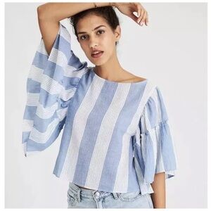 American Eagle Blue Stripe Ruffle Bell Sleeve Cropped Top Size S